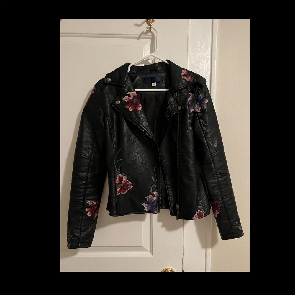 Floral faux leather moto jacket